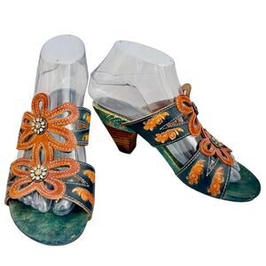 L'artiste by Spring Step Carlina Tooled Leather Beaded Slip On Slide Sandals 36